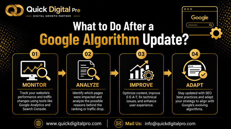 Quick Digital Pro infographic showing four steps to recover after a Google Algorithm Update: Monitor, Analyze, Improve, and Adapt.